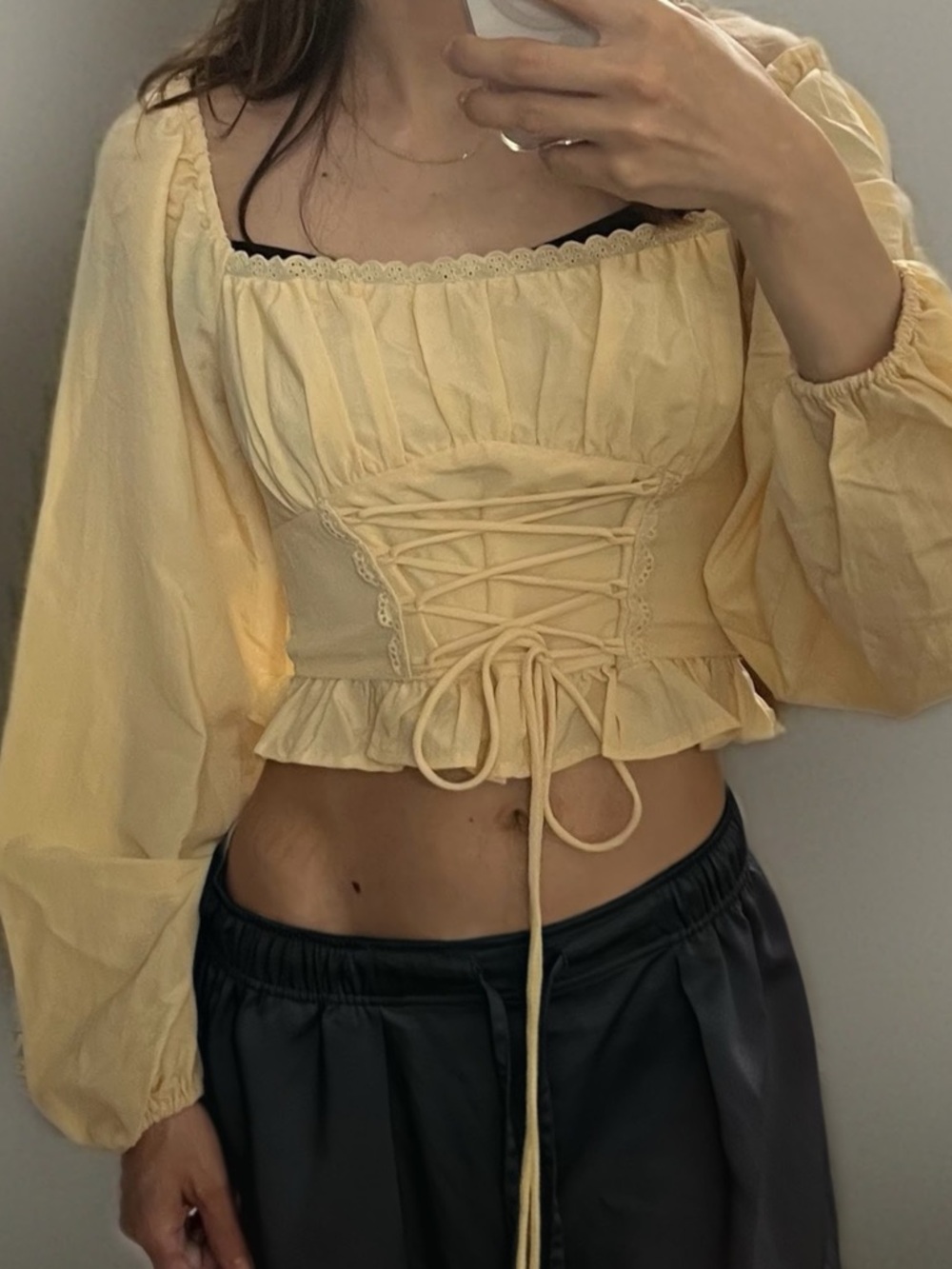 Yellow Lace-Up Peasant Crop Top - Unbranded